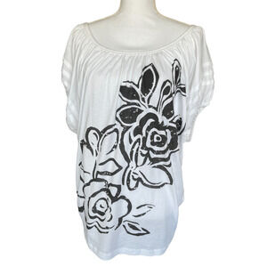 Karen by Karen Kane Womens Top Blouse Size XL White Black Puff Sleeves Cotton